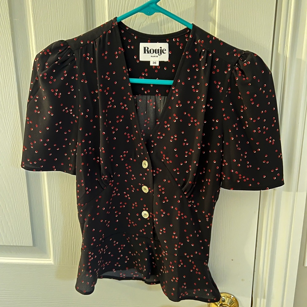 Rouje Paris Mimi Blouse Short Sleeve Size 36 (US 4) Black Polkadot